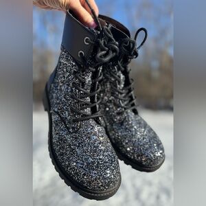 Michael Kors Alistair black glitter combat boots 8